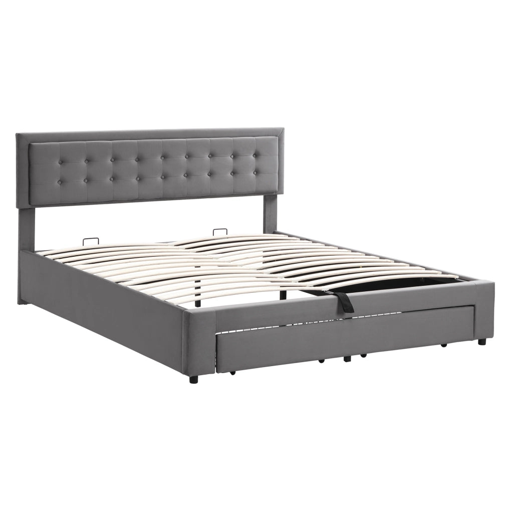 Letto 160 x 200 cm in velluto grigio con vano contenitore