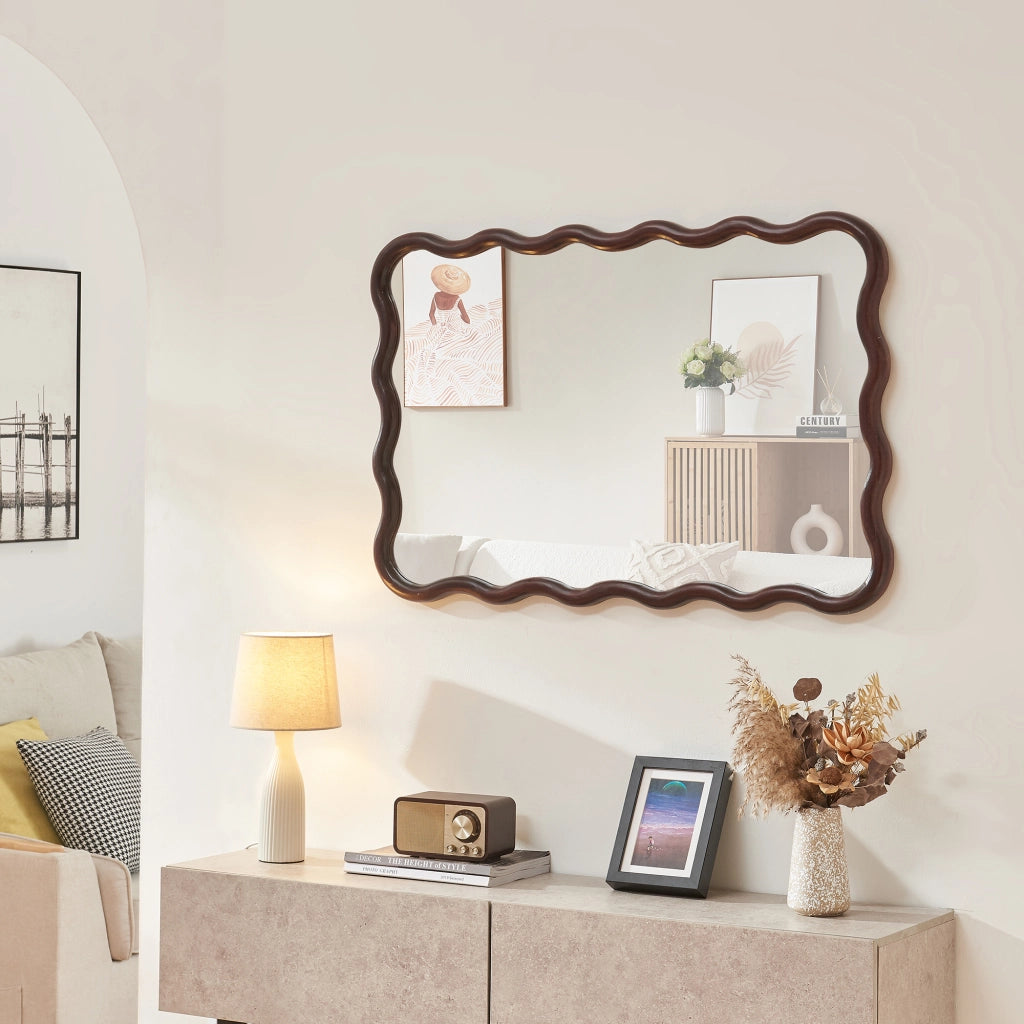 Specchio Ondulato da Parete Porloskid Montaggio Verticale e Orizzontale 90x60 cm Marrone Scuro [en.casa]