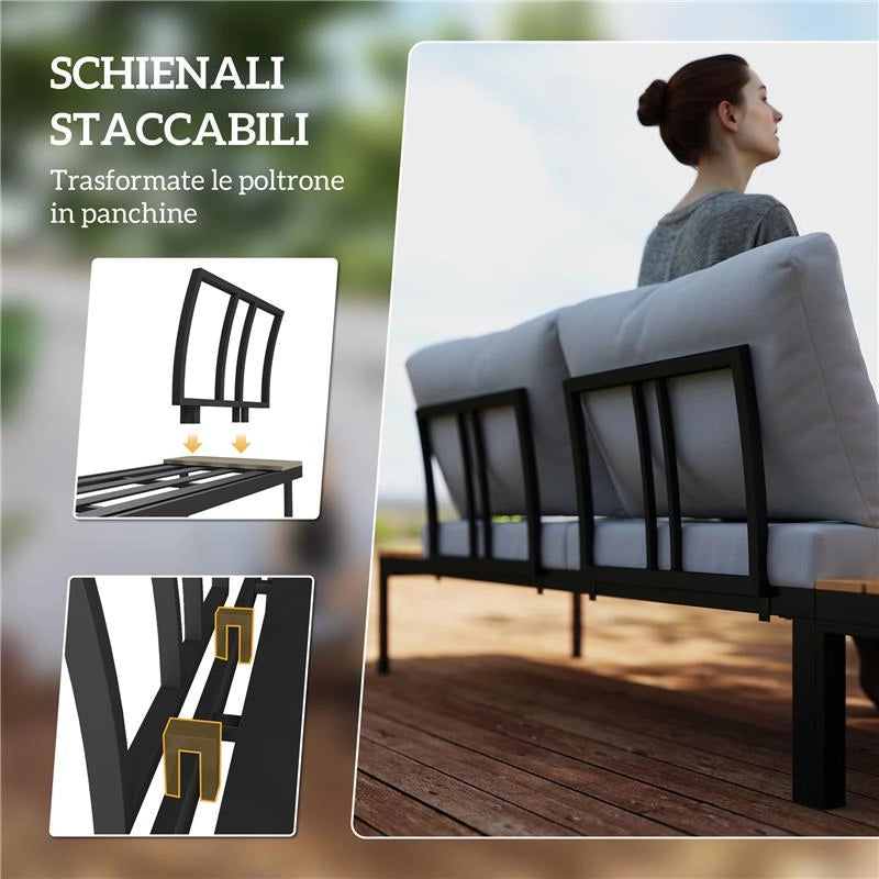 SET DA GIARDINO 4 PEZZI CON 2 DIVANETTI 2 POSTI E 2 TAVOLINI IN METALLO E LEGNO COMPOSITO GRIGIO NERO E TEAK