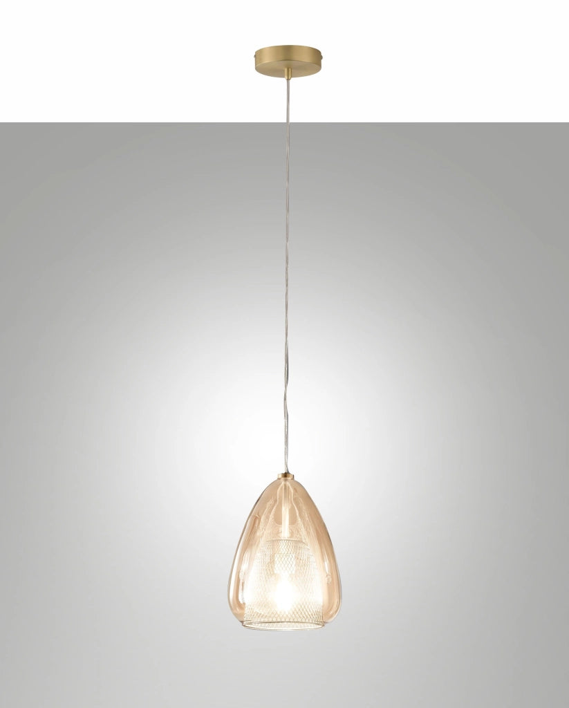 Britton Lampada a Sospensione in Metallo e Vetro Borosilicato Colore Ambra, Design Moderno, Attacco E27, Diametro 22cm, Classe di Isolamento 1