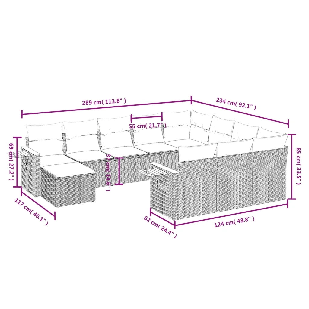 Set Divani da Giardino 11 pz con Cuscini in Polyrattan Grigio