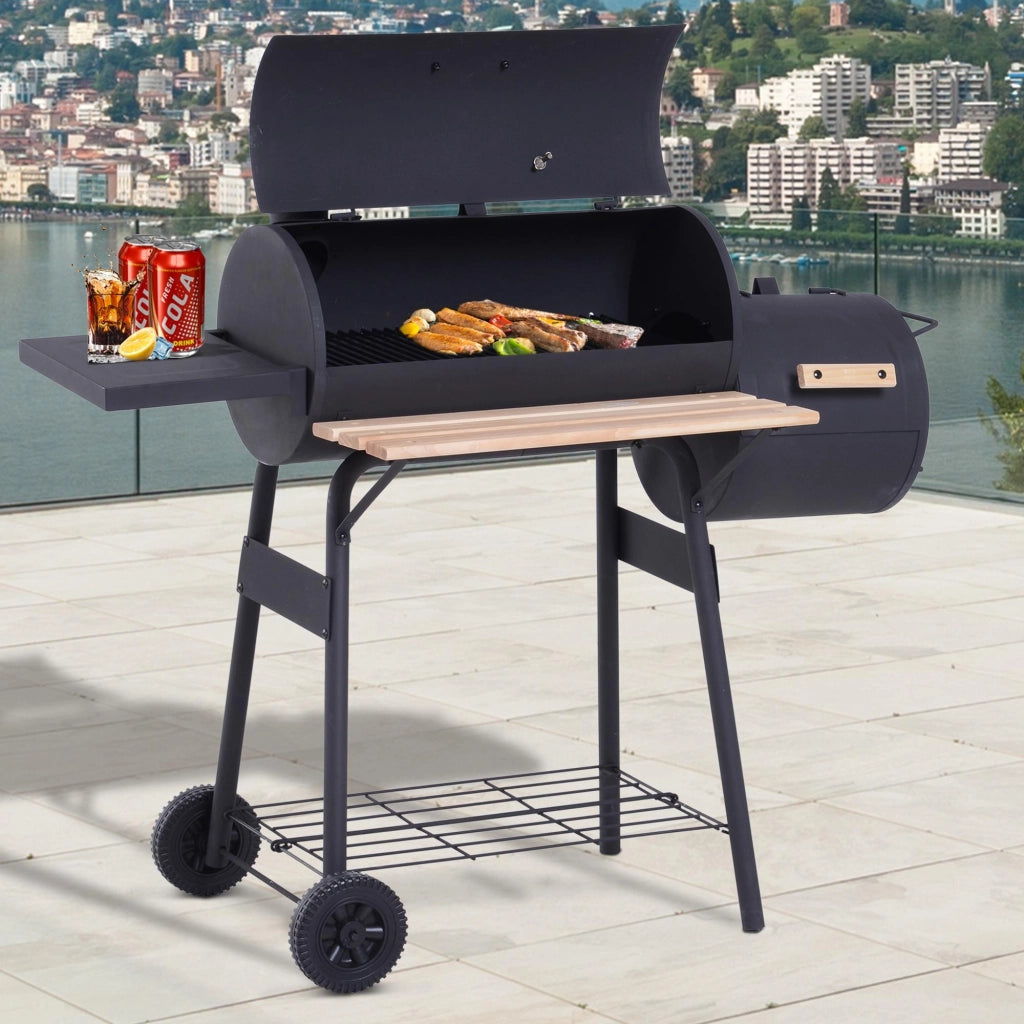 Barbecue a Carbone con Coperchio e Affumicatore Smoker, BBQ da Giardino con Ruote, Termometro e Ripiani, Nero