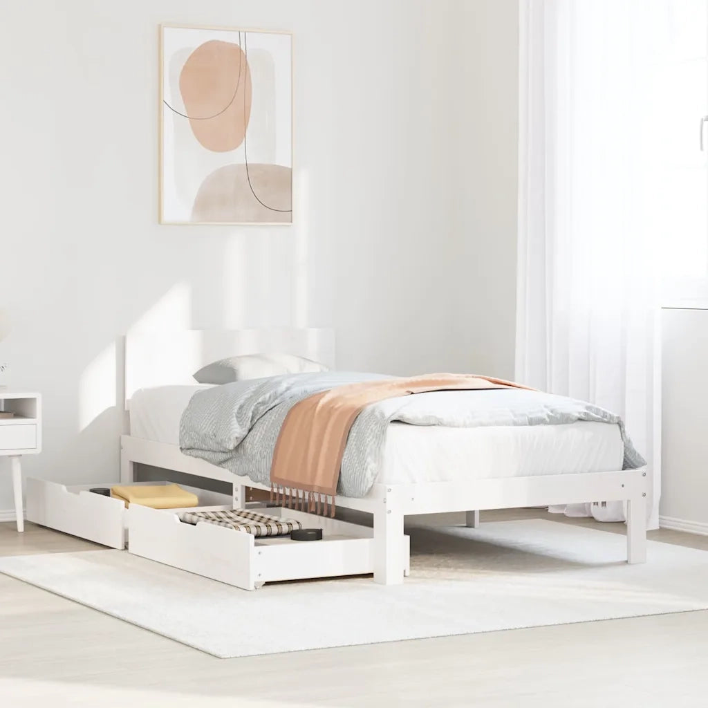 Letto singolo | Letto per adulti | Giroletto con Cassetti Bianco 100x200 cm Legno Massello di Pino