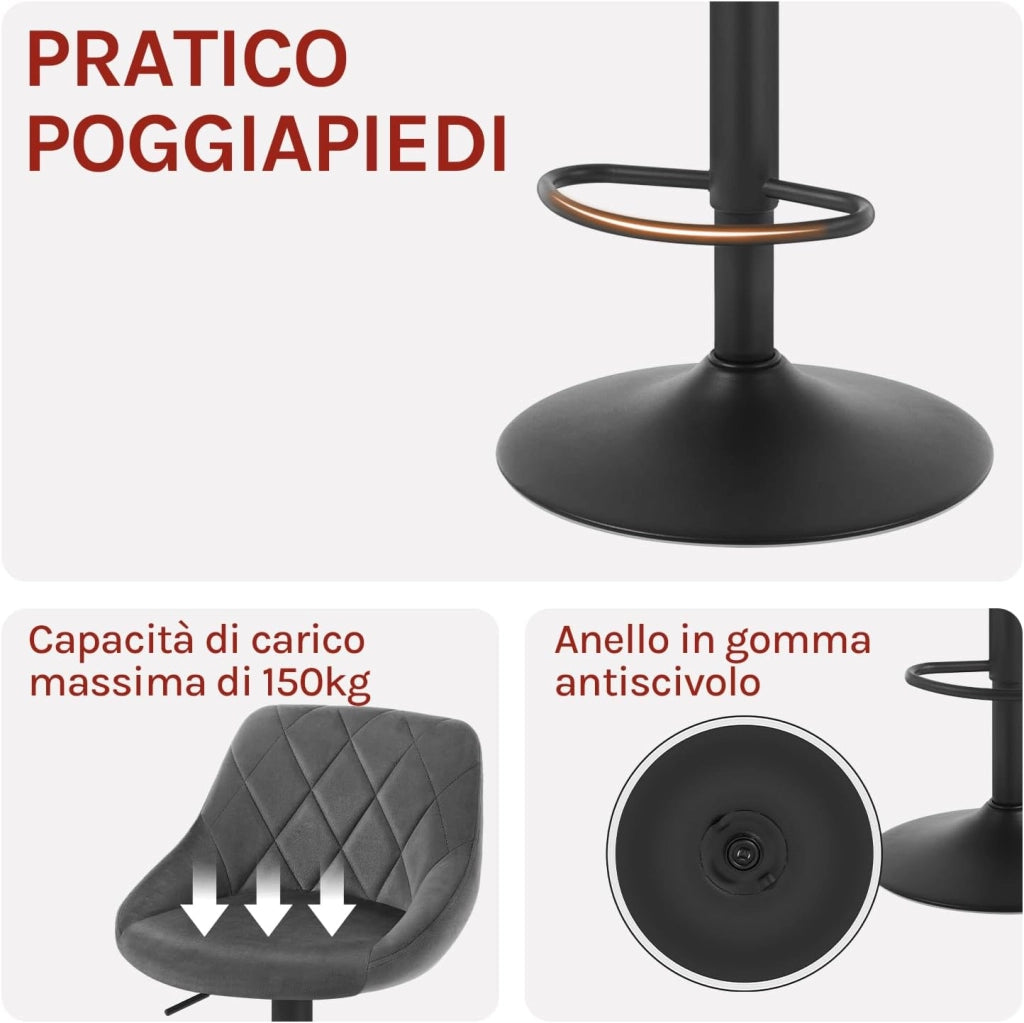 Sgabello da Bar Moderno Girevole Sedia Cucina Alta con Schienale Quadrato Poggiapiedi Senza Braccioli Altezza Regolabile in Velluto Grigio Scuro 1 Pezzo