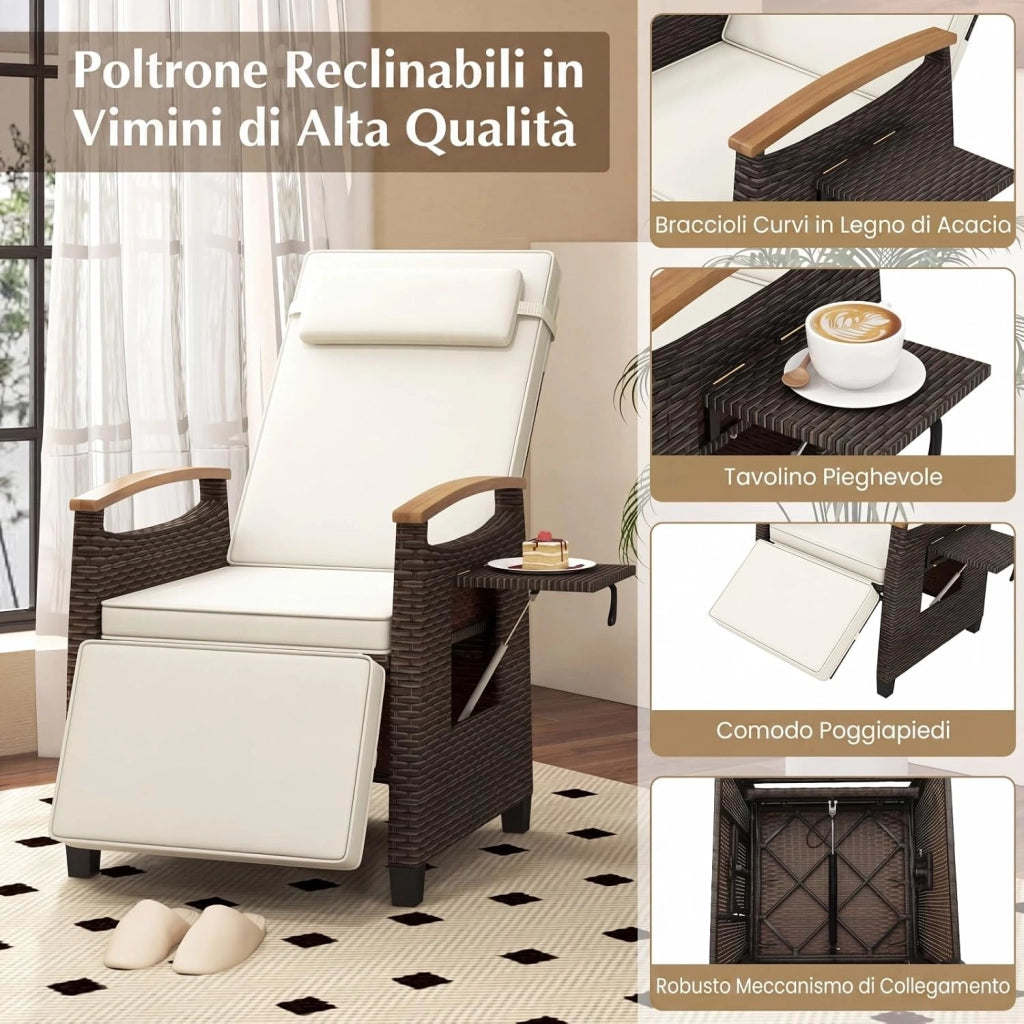 Poltrona Reclinabile da Giardino, Sedia Relax Esterno in Rattan con Schienale Regolabile a 150°, Poggiapiedi e Tavolino Pieghevole, Portata 180 kg, per Patio, Cortile e Terrazzo (Bianco,2)