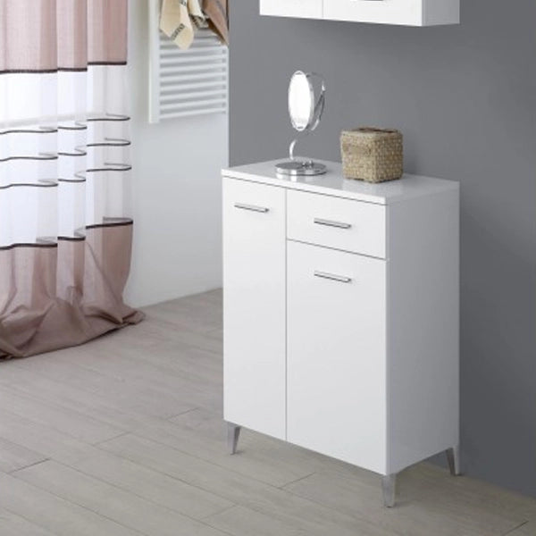 Mobiletto Bagno Base Colonna in Legno Bianco Lucido 2 Ante 1 Cassetto Feridras