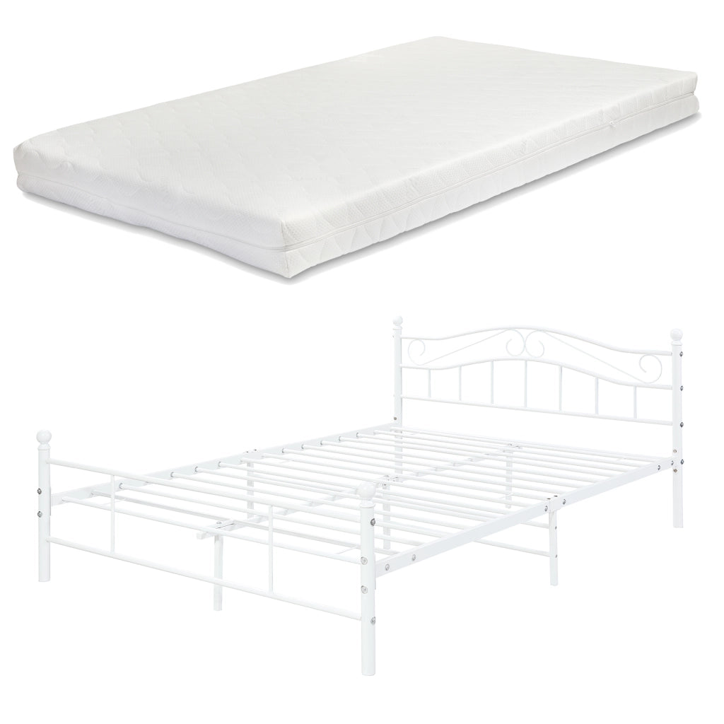 Letto Matrimoniale Florenz in Acciaio con Testiera Decorativa e Materasso 160 x 200 cm Bianco [en.casa]