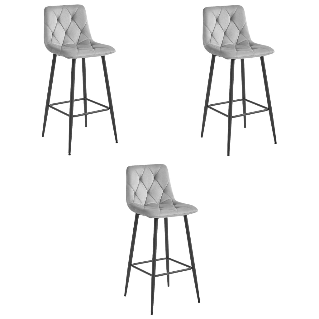 Set di 3 sgabelli da bar Valora KODA in velluto grigio argento con gambe in acciaio nero