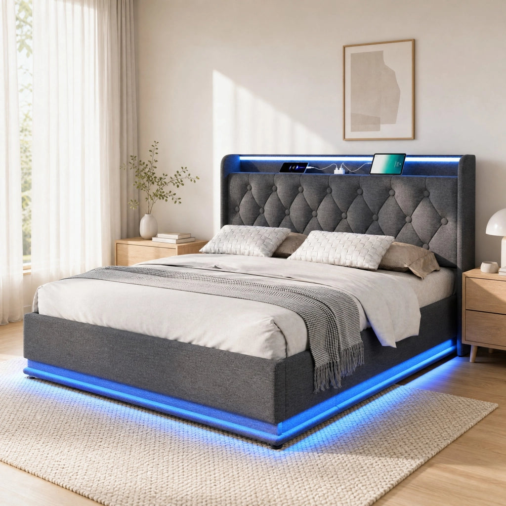 Letto imbottito 180x200 cm grigio con LED, USB-C e contenitore