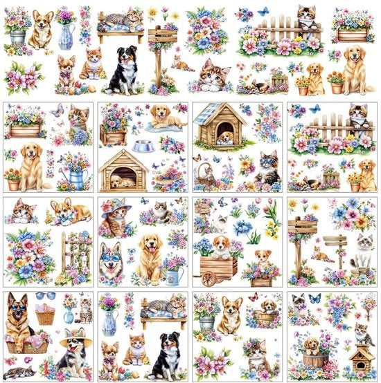 Stickers trasfer per hobbista 12 fogli con trasferimento realistici aquarello di cani gatti fiori per casa scuola decorazione 5,5 x 5,5 pollici