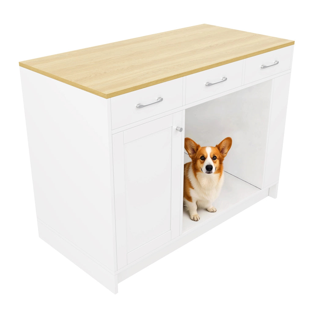 ISOLA CUCINA con 3 cassetti e area pet 120 x 60 x 90 cm bianco MDF