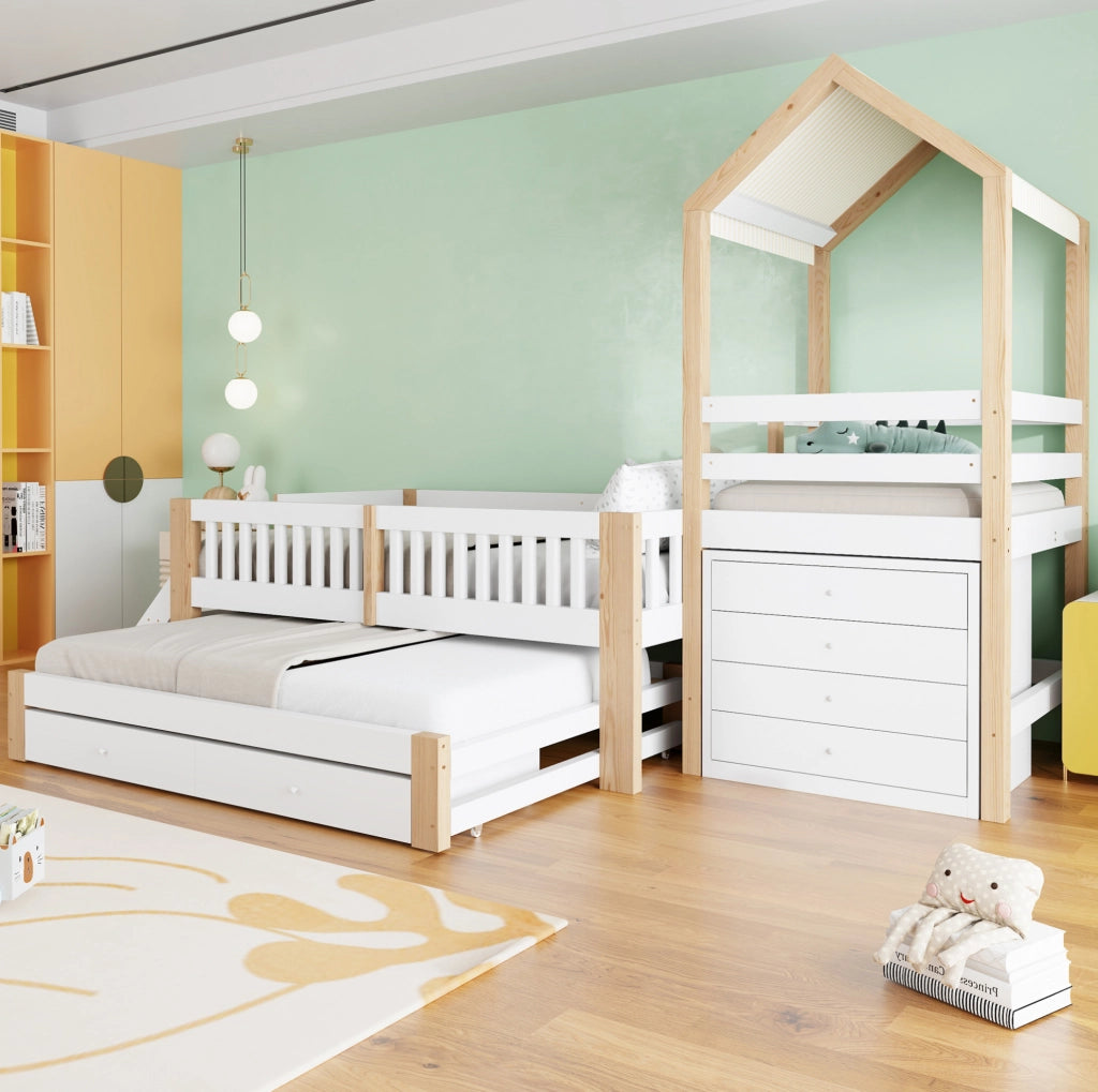 Letto a soppalco per bambini 90x200 con letto estraibile, cassetti e scala