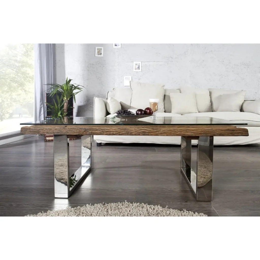 Tavolino basso RAFTA 110 cm in teak riciclato e vetro temperato – Design industriale con gambe a U