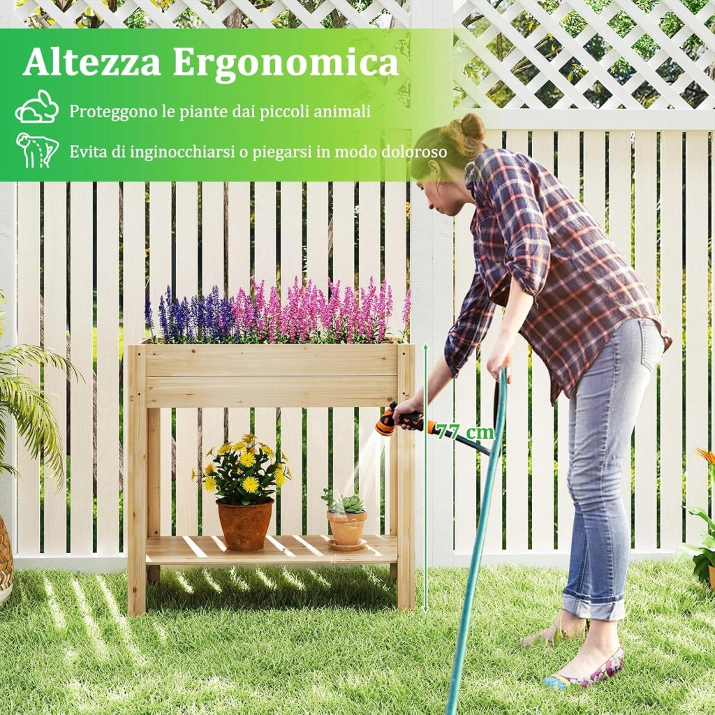 Letto da Giardino Rialzato, Fioriera Elevata con Mensola di Stoccaggio, Drenaggio, Orto in Legno Fiori, Erbe e Verdure per Giardino, Cortile e Patio, 81 x 38 x 77 cm