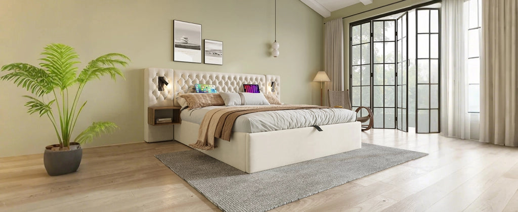 Letto contenitore matrimoniale 180 × 200 cm con 2 comodini, usb, usb-c e lampade da lettura, senza materasso