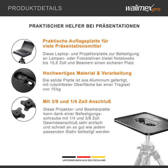 Walimex Pro Laptop Stand 140 cm - stabile e comodo supporto per proiettore e notebook con piastra per laptop + proiettore, regolabile in altezza, altezza massima 140 cm, in alluminio, con borsa