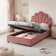 Letto imbottito 90x200 cm in velluto rosa con testiera floreale e vano contenitore