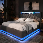 Letto contenitore imbottito ULEVR 180x200 cm con LED 360¡ã, USB e Type-C, testiera con ripiani, lino grigio