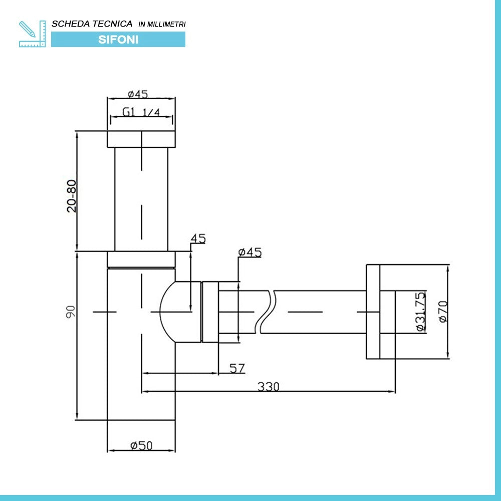 Sifone lavabo a canna tonda cromato completo di piletta click clack universale