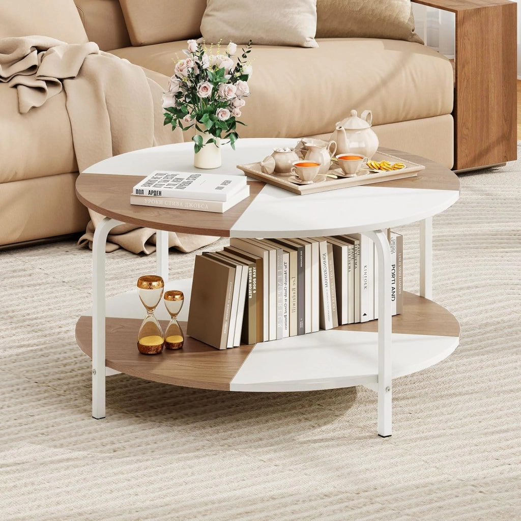 Tavolino da Caffè Rotondo, Tavolino da Salotto a 2 Piani con Struttura in Metallo e Gambe Rialzate, Tavolo da Divano Basso Moderno per Soggiorno e Ufficio, 80 x 80 x 42 cm, Bianco e Naturale
