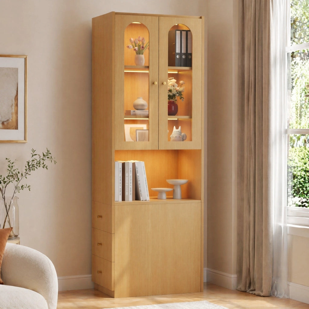 Libreria alta con 3 cassetti e vetrina in vetro temperato con LED per studio e soggiorno in MDF rovere 60 × 40 × 200 cm