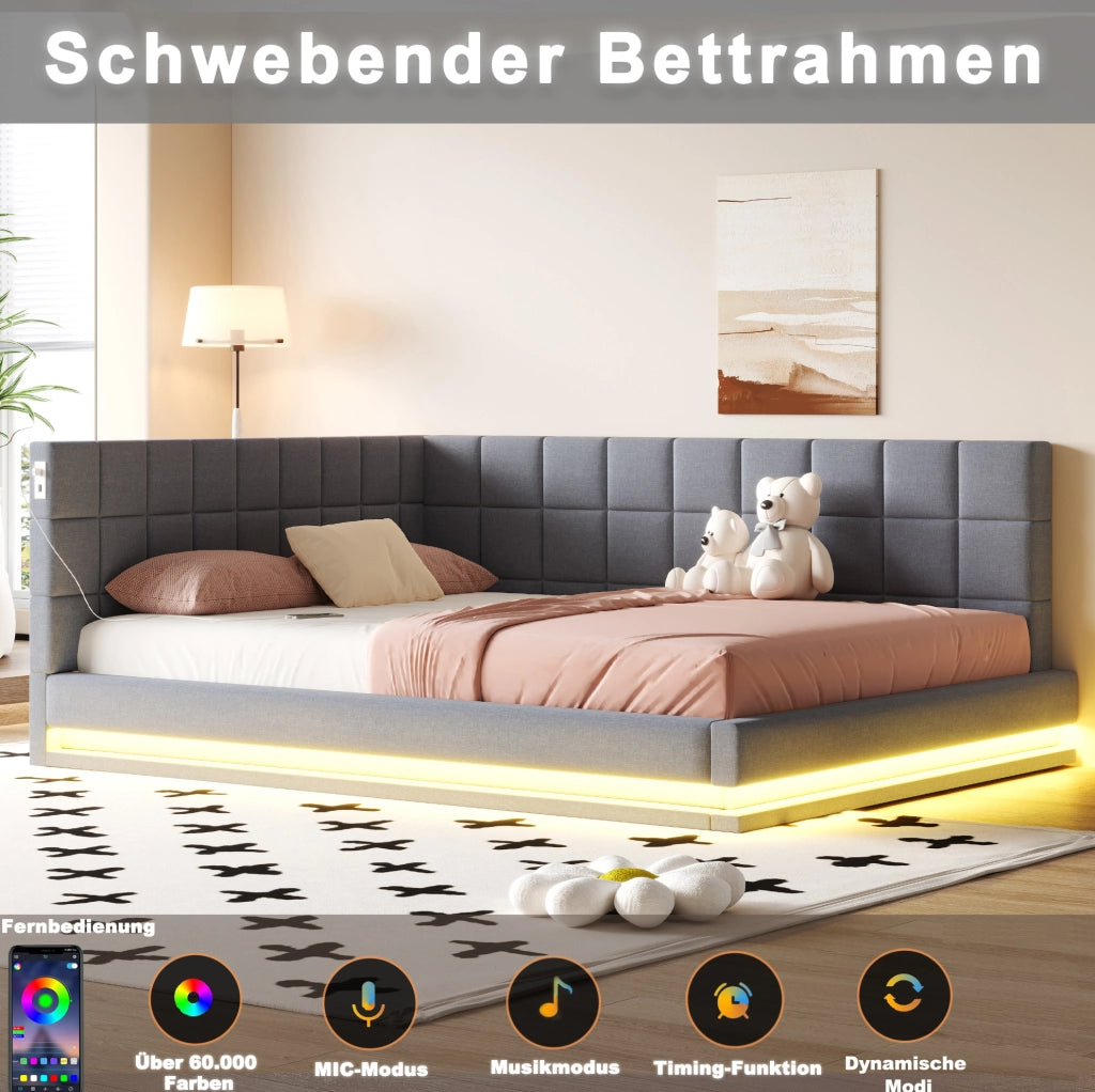 Divano letto imbottito 160x200 cm con LED; USB e rete a doghe; lino; grigio
