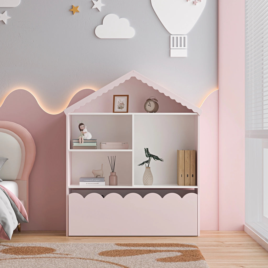 Scaffale Vestnes con 4 Vani Portaoggetti e Cassetto per Cameretta - Rosa/Bianco [en.casa]