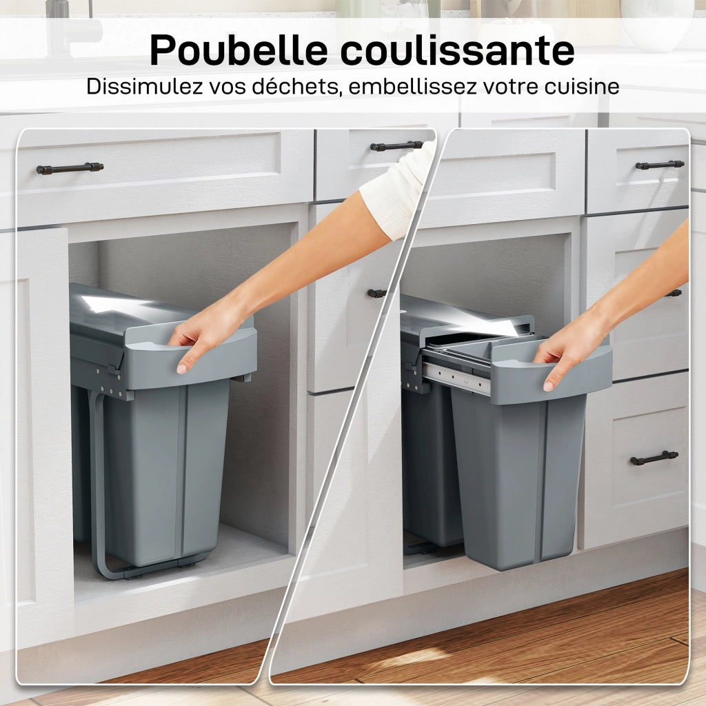 Cestino da cucina scorrevole 30L con 2 compartimenti ¨C zephmum ¨C grigio 52x26x40,8cm