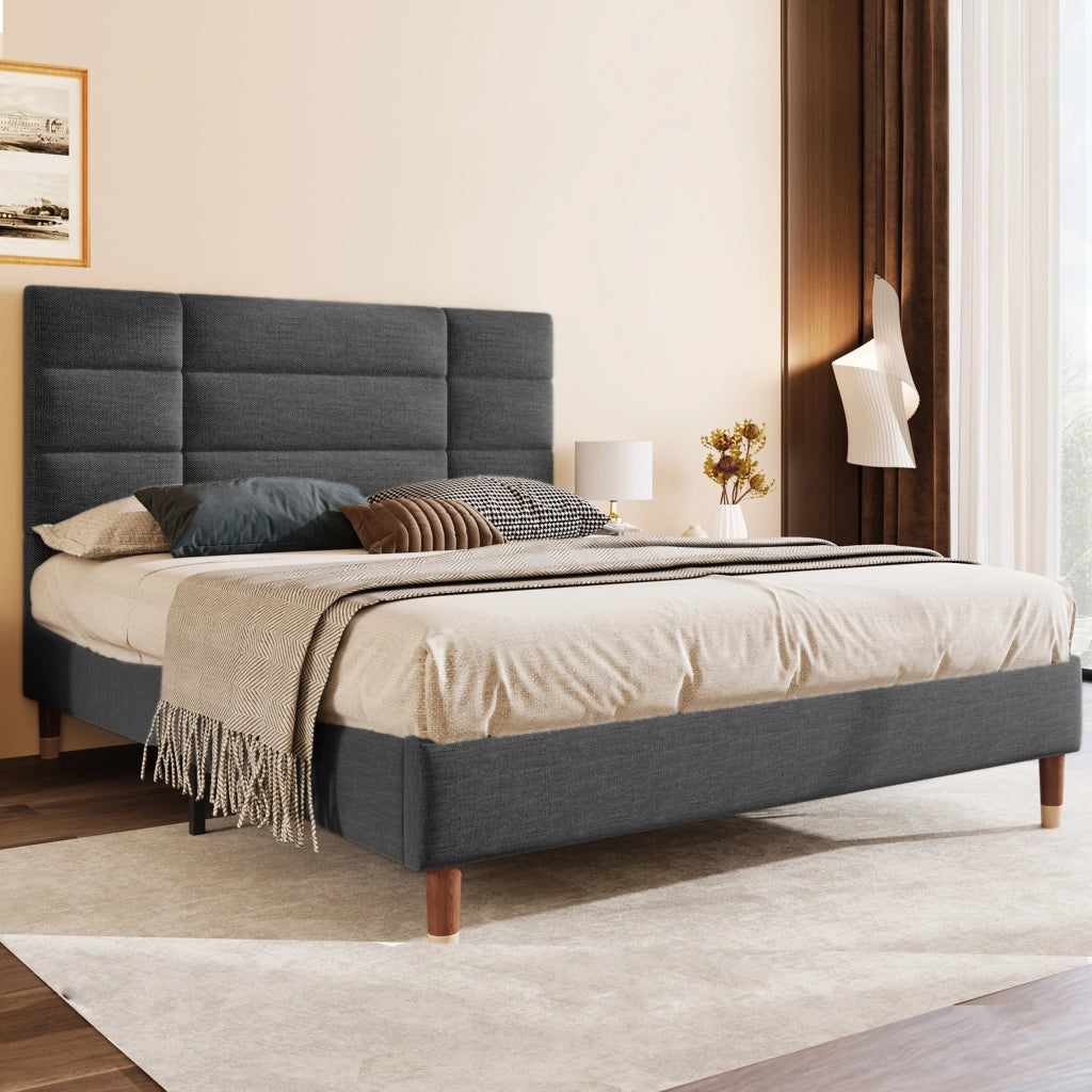 Letto Adulto 140×200 cm; Letto Matrimoniale con Testiera Imbottita e Spazio Sottoletto; senza Materasso; Grigio