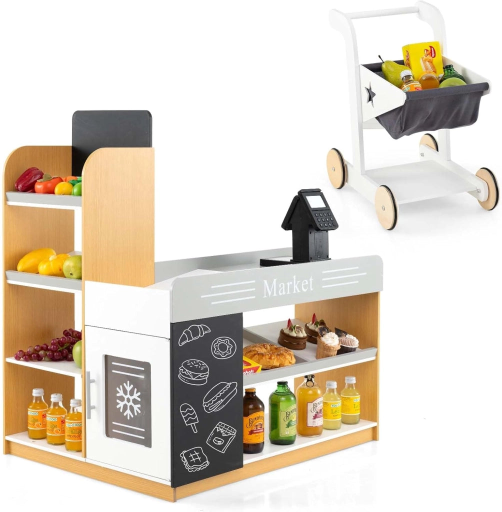 Set da Gioco da Supermercato, Banco di Mercato per Bambini in Legno con Carrello della Spesa, 2 Lavagne e Registratore di Cassa, Scaffali Espositivi, per Bambini 3+ Anni
