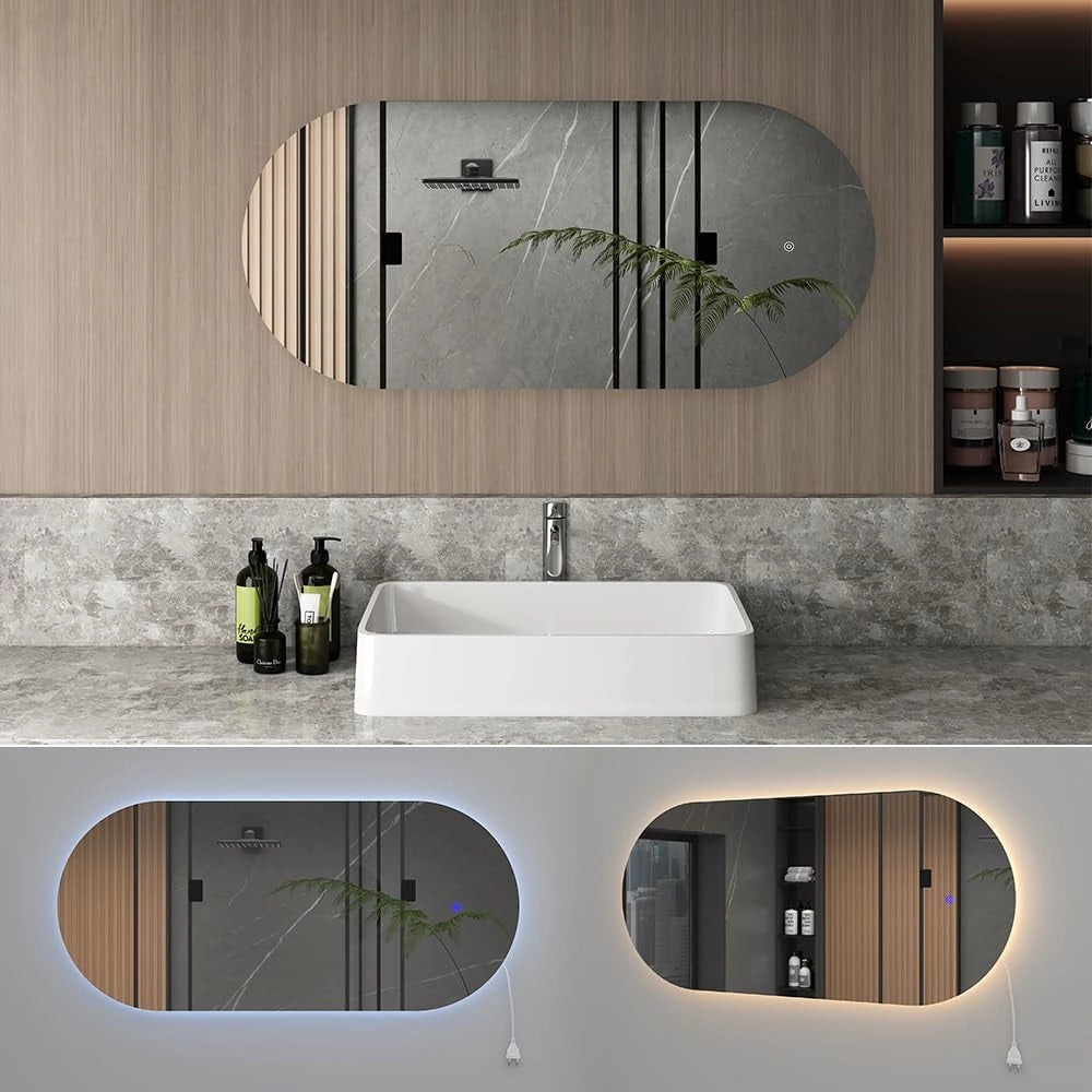 Specchio bagno, Bianco, 110 x 50 cm con illuminazione a LED, per montaggio a parete con sorgente luminosa LED integrata