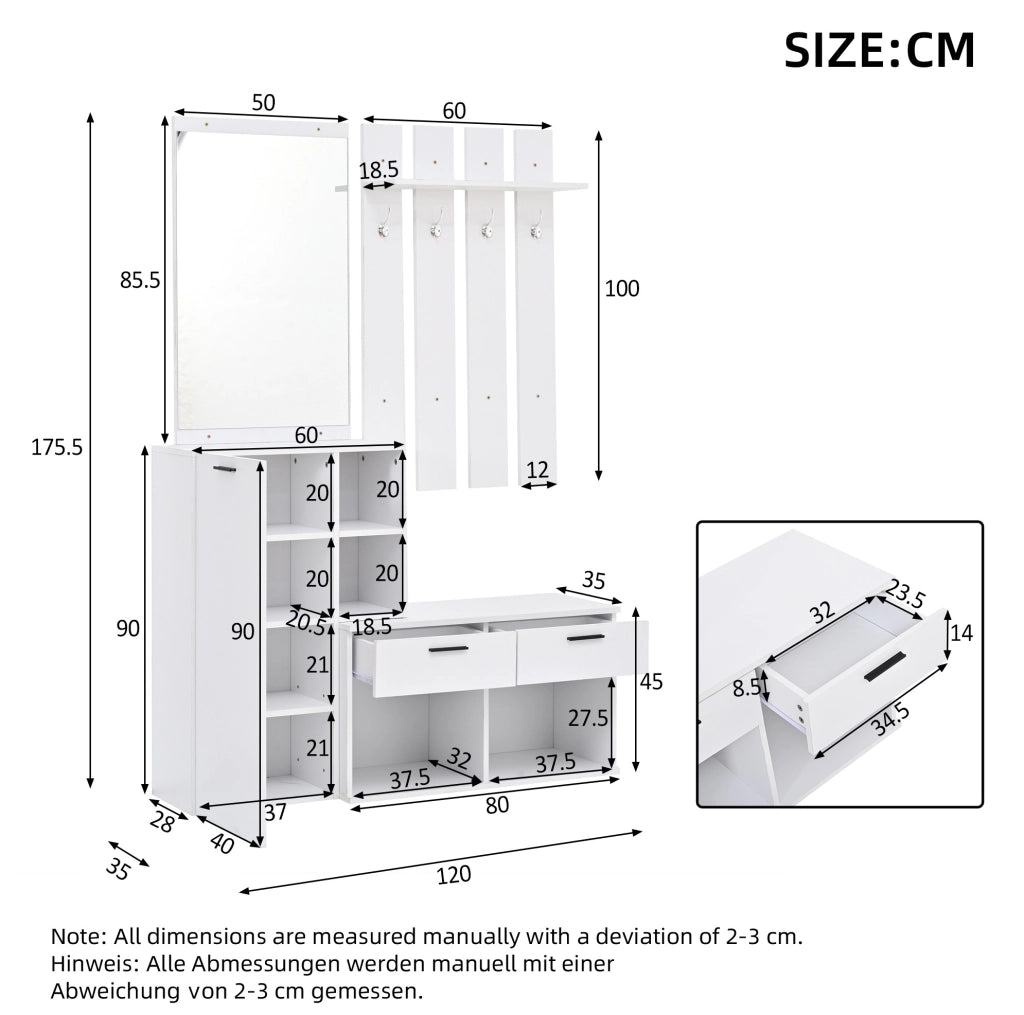 Mobile guardaroba da ingresso con scarpiera; specchio e 2 cassetti; MDF bianco; 120 ¡Á 35 ¡Á 175.5 cm