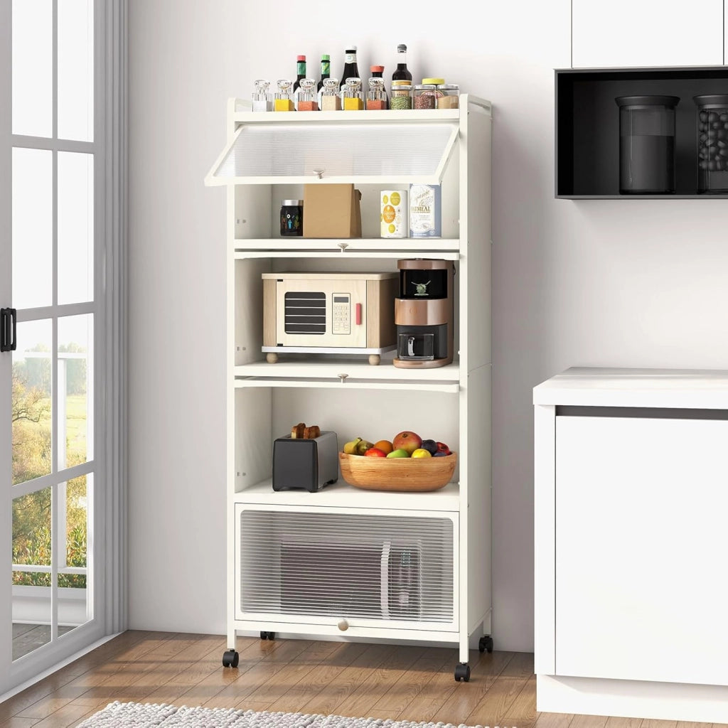 Mobile Dispensa Cucina a 5 Livelli, Mensola Microonde con Anta a Vista, Ruote, Dispositivo Antiribaltamento, Scaffale da Cucina in Ferro per Soggiorno, Sala da Pranzo, 60x32x154cm (Bianco)