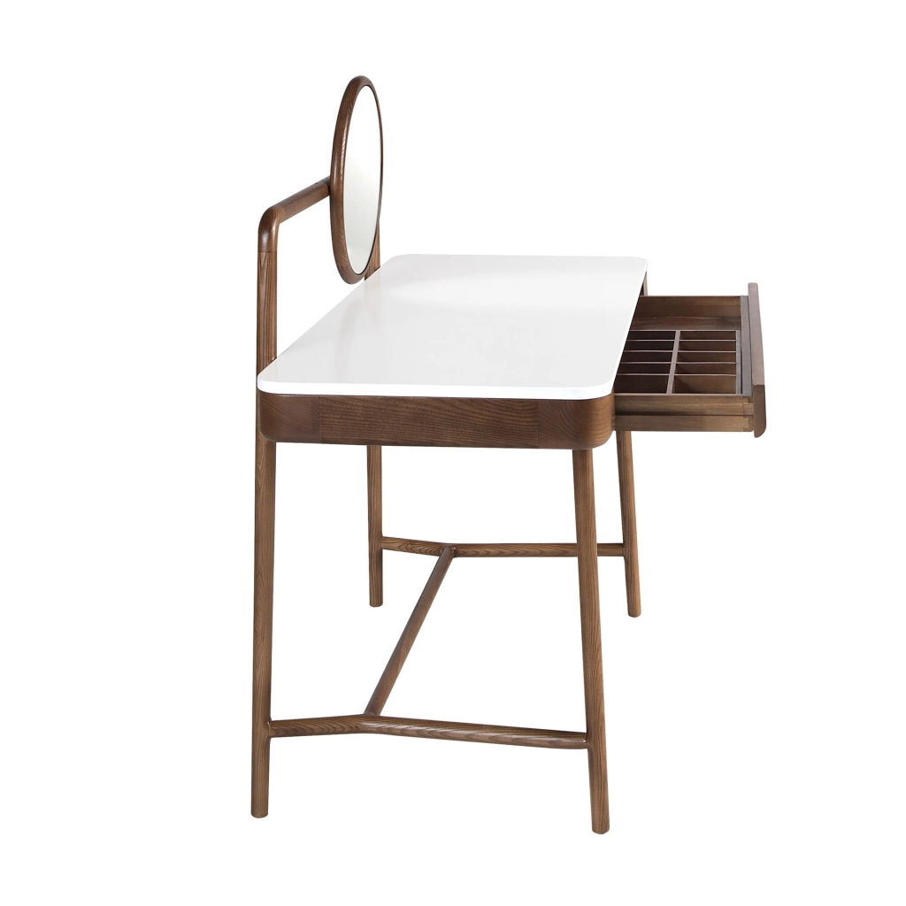 Scrivania toeletta in noce con piano in legno bianco e specchio
