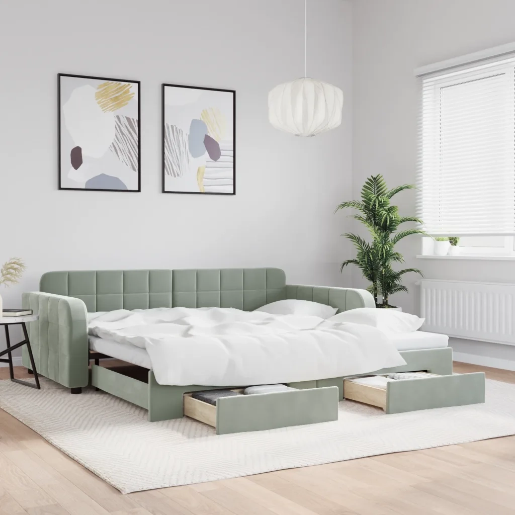 Divano Letto Estraibile Cassetti Grigio Chiaro 100x200 Velluto 3196984