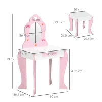 Set Tavolo Trucco con Sgabello, Specchio e Cassetto in MDF per Bimbi 3-6 Anni, Bianco e Rosa