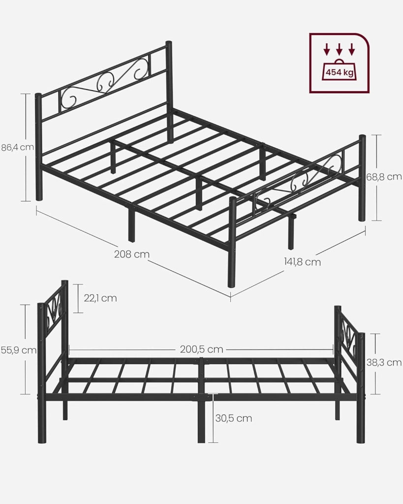 VASAGLE Struttura Letto Matrimoniale, Letto a Doghe in Metallo per Materassi di 140 x 200 cm, per Stanza di Ospiti, Montaggio Facile, per Spazi Piccoli, Nero Inchiostro RMB064B01