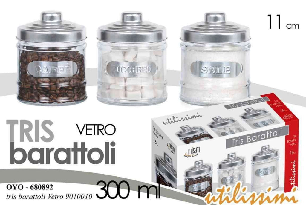 TRIS DI BARATTOLI IN VETRO CON TAPPO IN LATTA DA 300 ML