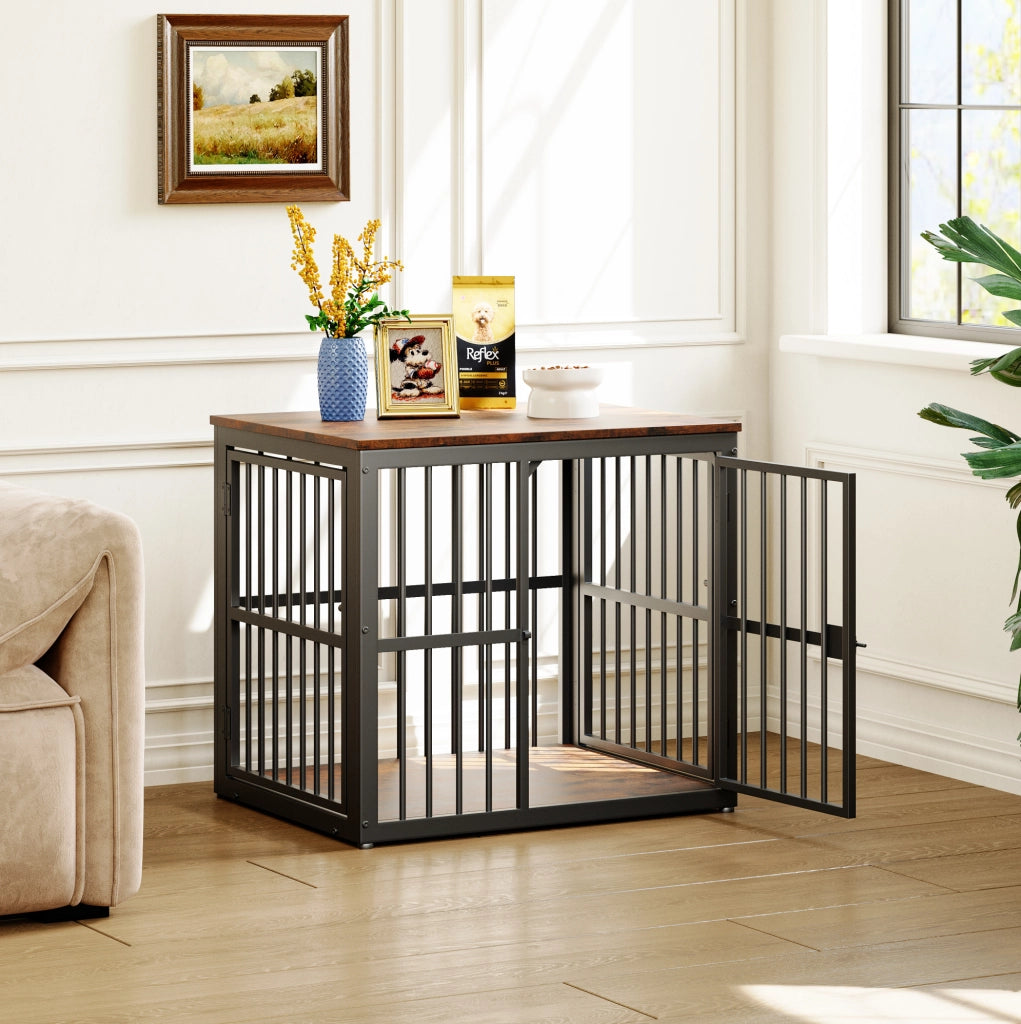 Gabbia per Cani Mobile 68,4×53×61 cm con 3 Porte, Tavolino Nero e Marrone