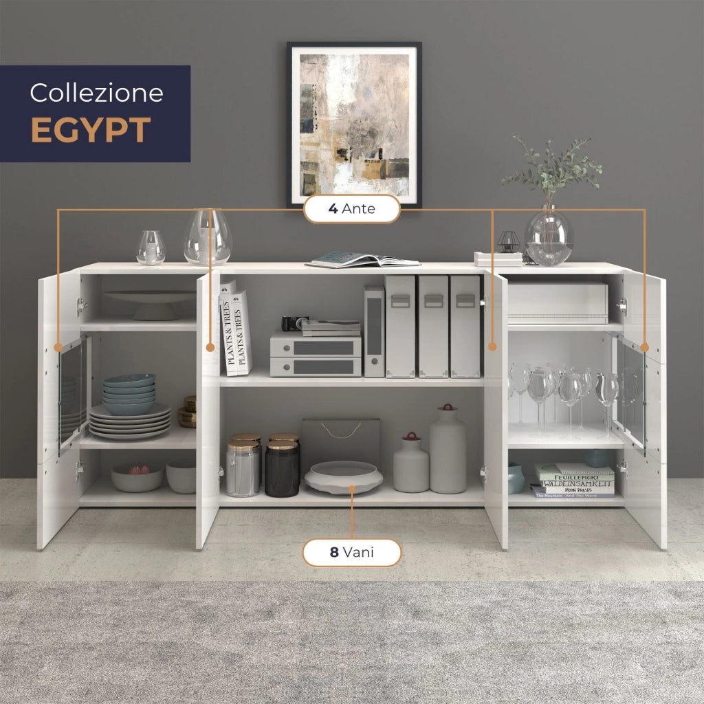 WHOUS Credenza Egypt a 4 ante con inserti in vetro espositivi bianco lucido 180x40x80 cm