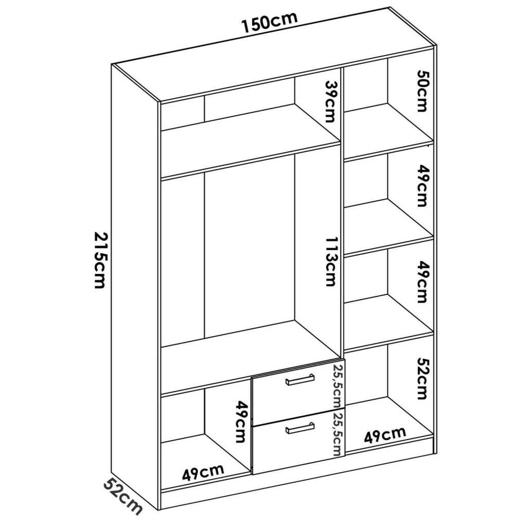 Guardaroba Ales, Mobile appendiabiti per camera da letto, Armadio a 3 ante battenti e 2 cassetti, 150x52h215 cm, Bianco
