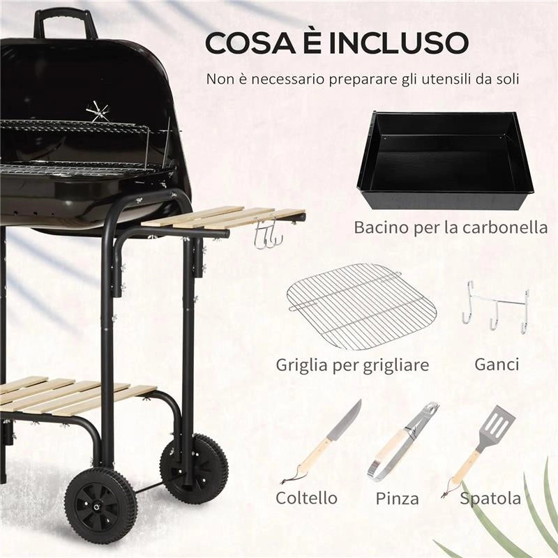 BARBECUE A CARBONE CON COPERCHIO RIPIANI E RUOTE COMPLETO DI SPATOLA PINZA E COLTELLO NERO