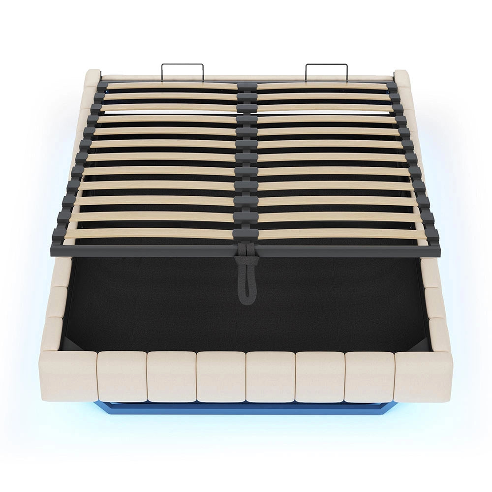 Letto-Xylo-140x200 cm-idraulico, LED, senza testiera, lino beige