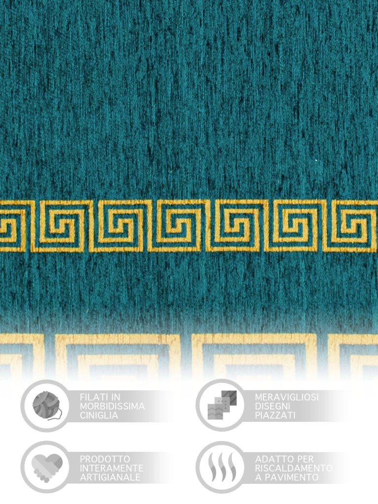 Tappeto Arredo Moderno Morbido in Ciniglia Ingresso Antiscivolo Prodotto Italiano  Soggiorno Camera Salotto Disegni Piazzati Cotone Varie Misure Grande Atena/Petrolio - 65x300 cm