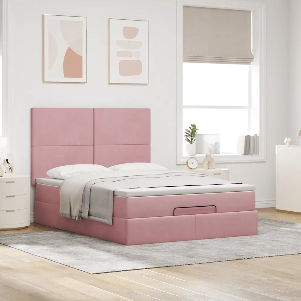 Struttura Letto Pouf con Materassi Rosa 140x190 cm in Velluto 3313402