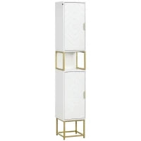 kleankin Colonna Bagno con 2 Armadietti e Ripiano in MDF e Acciaio, 30x30x170.7cm, Bianco e Oro