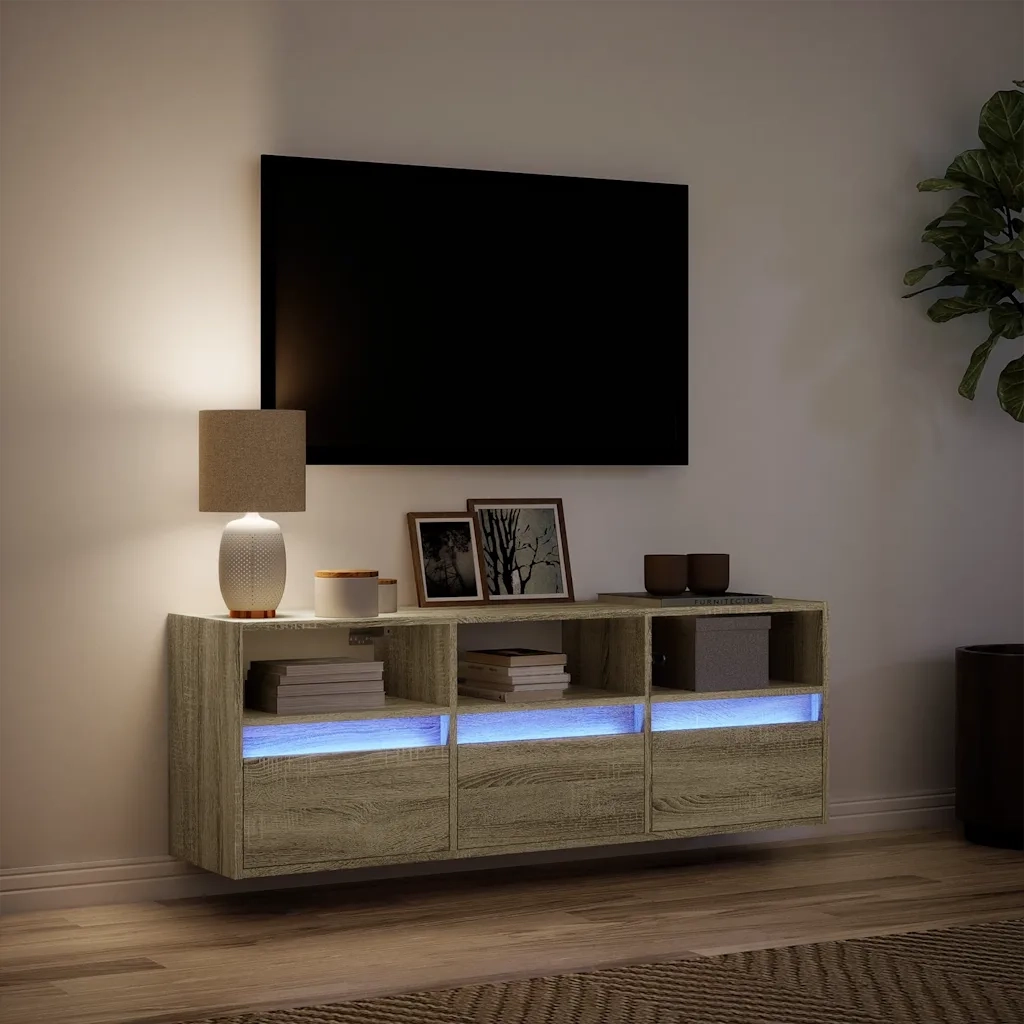Mobile TV a Parete | Armadietto TV | Mobile Porta TV con Luci LED Rovere Sonoma 130x31x45 cm