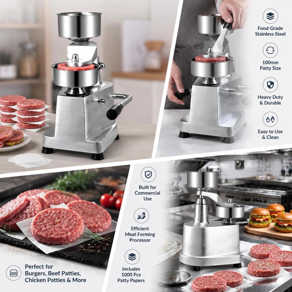 Commercial Burger Patty Maker, 10 Cm Hamburger Beef Patty Maker, Robust, Food-safe Stainless Steel Bowl Burger Press, Kitchen Meat Forming Machine With 1000 Patty Patties