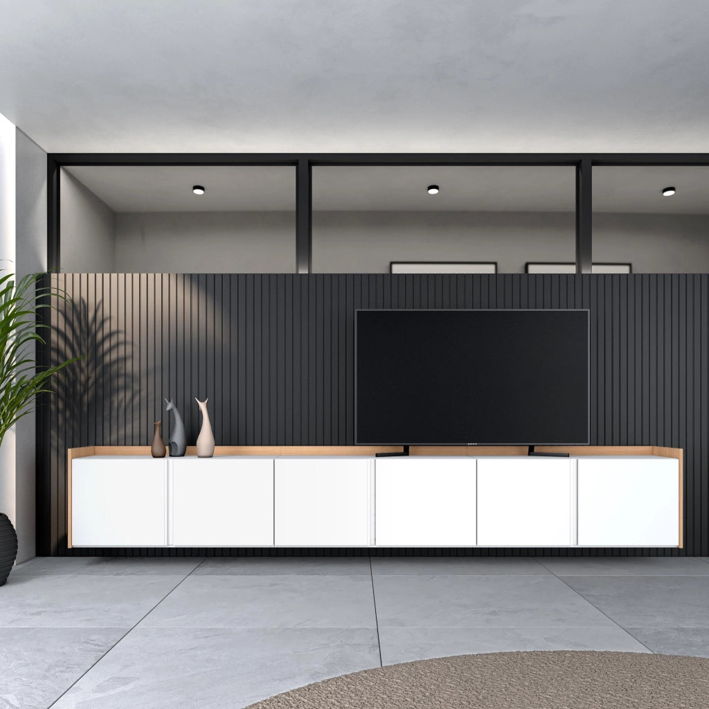 Mobile TV Soggiorno, 309x50x35 cm, Per TV fino a 80", Sospeso, da appendere, Bianco e Rovere soft