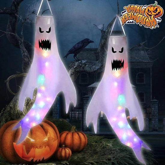 Decorazione per Halloween - Decorazione a Sospensione per Halloween con Luce a Led - Decorazione per Halloween Horror per Festa Tema - 2 Pezzi di Bandiera Spettrale a Vento - Per Interno e Esterno Giardino Terrazza